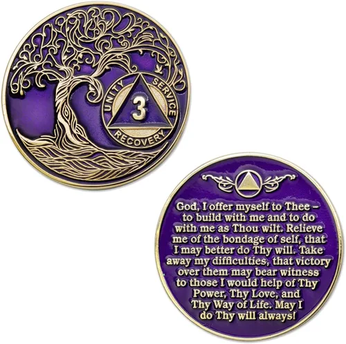 Vista 3 de Sobriety Mint Medallón AA de 3 años Árbol de la Vida trenzado chapado en oro AA Chip de recuperación morado