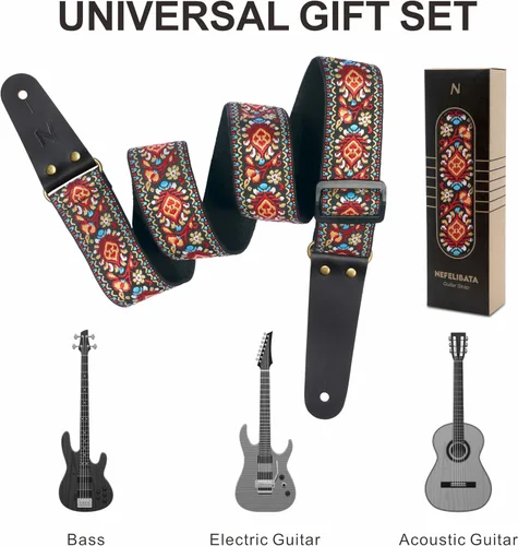 Vista 4 de Nefelibata Correa de guitarra, correas de guitarra de algodón bordadas con extremos de cuero de vaca para bajo, guitarras eléctricas y acústicas