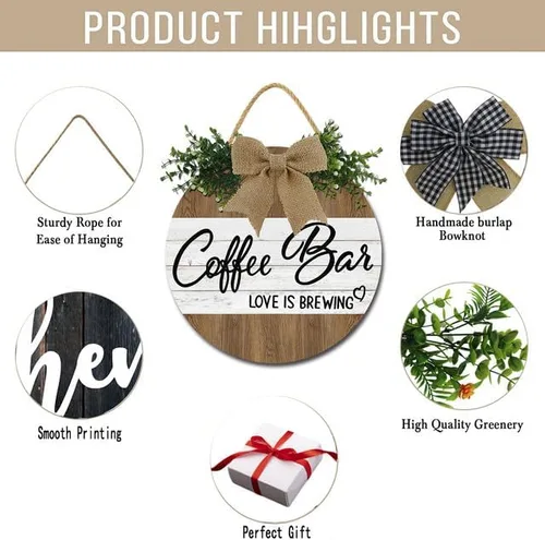 Vista 7 de Cartel de café con texto en inglés «Love Is Brewing» para cafetería, letrero de madera rústica de 11 pulgadas para decoración de pared de cafetería