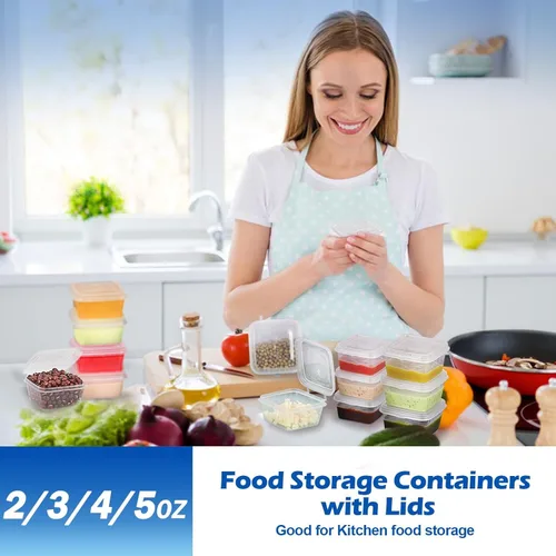 Vista 6 de Contenedores de almacenamiento de alimentos de 2/3/4/5 onzas con kits de tapas (paquete de 200), pequeños recipientes de plástico con tapas, tazas