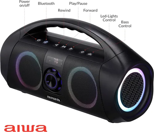 Vista 4 de AIWA Boombox portátil - Altavoz Bluetooth impermeable, Boombox inalámbrico recargable con iluminación LED multicolor y pantalla digital, entrada AUX