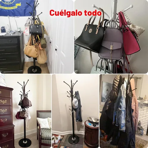 Vista 10 de Kertnic Perchero independiente, árbol de pasillo de metal resistente con 12 ganchos, perchero estable de 70 pulgadas de alto con base de mármol Negro