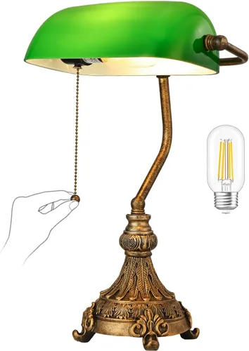 Vista 12 de Newrays Lámpara de escritorio retro de cristal verde para oficina en casa, biblioteca con interruptor de cadena de tracción enchufable, bombilla LED