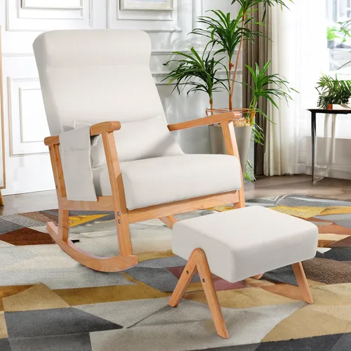 Vista 10 de NOBLEMOOD Mecedora tapizada con otomana, moderna silla mecedora para habitación del bebé, sillón de madera maciza con respaldo alto con asiento
