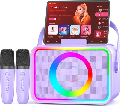 Vista 9 de Máquina de karaoke, altavoz Bluetooth portátil con 2 micrófonos inalámbricos para adultos y niños con luces LED, micrófono de karaoke con sistema PA