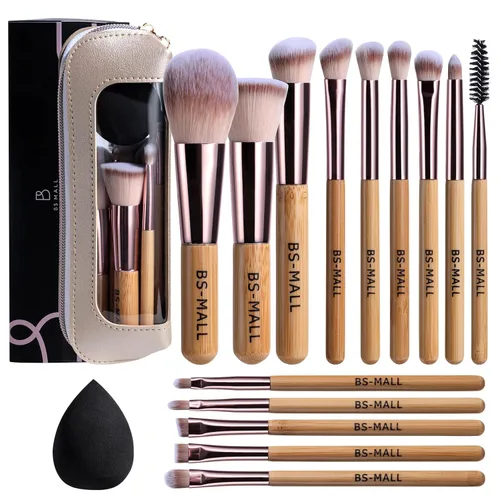 BS-MALL Juego de 14 brochas de maquillaje con 1 esponja de maquillaje, correctores de polvo de base esencial, sombras de ojos, brochas de maquillaje
