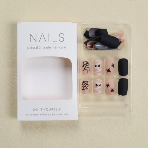 Vista 3 de Uñas postizas a presión de Halloween, uñas postizas cuadradas cortas con pegamento, lindas uñas postizas de tela de araña, uñas postizas de ataúd