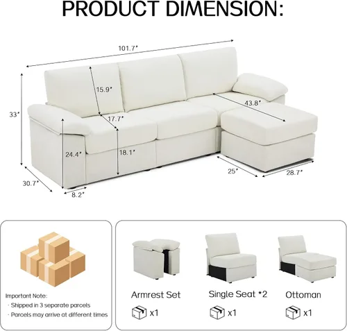 Vista 2 de Sofá de nube en forma de L de 101 pulgadas, sofá modular para sala de estar Beige