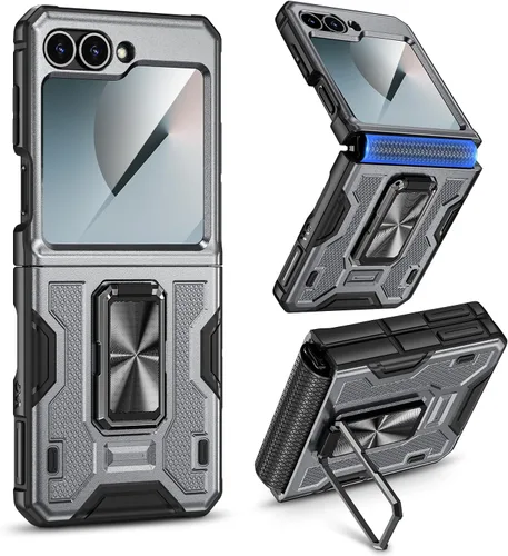 VEGO Funda de teléfono para Z Flip 6 con protector de pantalla, protección de bisagra de cuerpo completo y soporte de anillo ajustable a prueba de