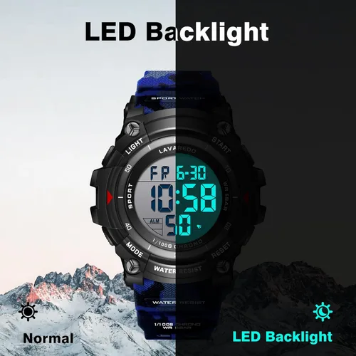 Vista 8 de Reloj digital para hombre, deportivo, resistente al agua, para hombre, con retroiluminación LED, alarma, cronómetro, cronómetro, cronógrafo digital