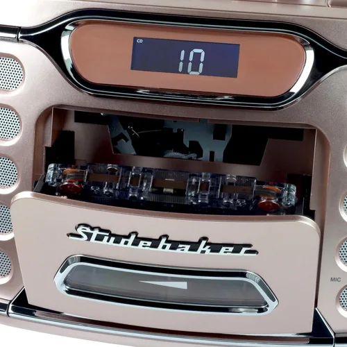 Vista 3 de Studebaker Retro Edge Big Sound Bluetooth Boombox con reproductor de CD/grabadora de cassette/radio estéreo AM-FM (oro rosa/SB2150RG)