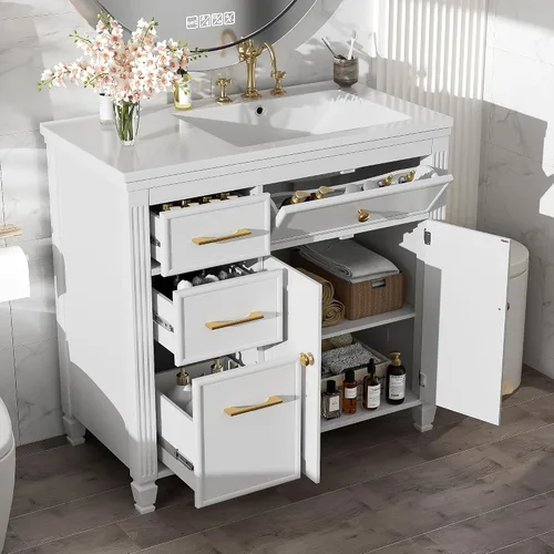 Vista 20 de Harper & Bright Designs Tocador de baño de 24 pulgadas con lavabo, tocador de lavabo individual independiente con una puerta y 3 cajones de cierre