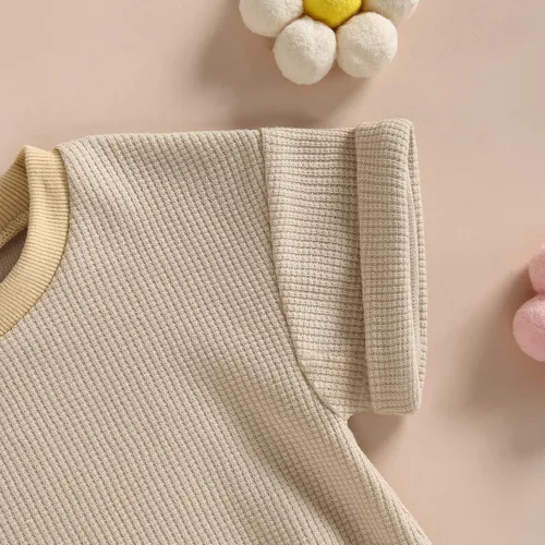 Vista 5 de Ropa de verano unisex para bebé, niño y niña, de manga corta, mameluco de punto gofre, con cuello redondo