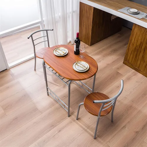 Vista 22 de Juego de mesa redonda y silla de madera de 3 piezas para cocina, comedor, espacio compacto con marco de acero, estante de vino incorporado (blanco)