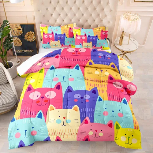 BailiPromise Juego de edredón de gatos lindos para niños, 3 piezas, tamaño matrimonial, juego de ropa de cama de dibujos animados para niños y