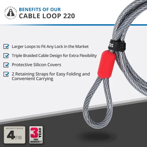 Vista 2 de SeatyLock Candado de cable para bicicleta, cable de acero trenzado triple antirrobo con bucles para seguridad de bicicleta, ajuste universal, cables