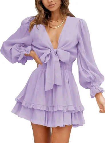 Vista 25 de Dokotoo Vestidos cortos de mujer para primavera y otoño 2025, cuello en V profundo, anudado, escalonado, elegantes, de chifón, tipo patinadora 3