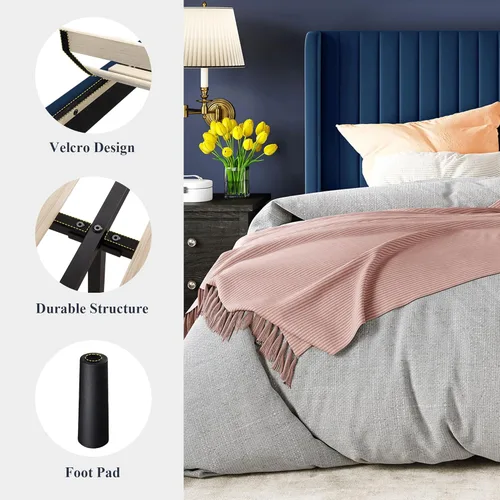 Vista 53 de Allewie Marco de cama de terciopelo tamaño Queen, cabecera capitonada con canal vertical, plataforma tapizada, listones de madera fuertes,