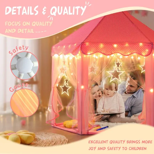 Vista 4 de Tienda de princesa para niñas con grandes luces de estrella, tienda de juegos en forma de castillo para niños, regalo de cumpleaños para niñas