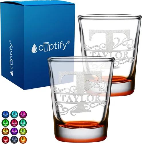 Vista 36 de Inicial y nombre de cristal de chupito personalizado, 2 onzas, parte inferior negra grabada con texto personalizado para regalos, bodas, cumpleaños