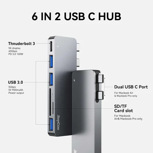 Vista 2 de RayCue Adaptadores de Hub USB C para MacBook Pro/MacBook Air M1 M2 M3 2023 2022 2021 2020 2019 13" 14" 15" 16", Adaptador Multipuerto 6-en-2