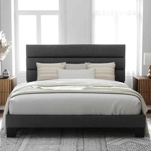 Vista 24 de Allewie Base de cama de plataforma de tamaño individual con cabecera tapizada de tela y soporte de listones de madera, base de colchón totalmente