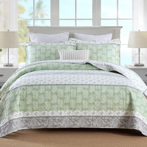 Juego de edredón de algodón tamaño King, juego de ropa de cama verde y gris, colcha a rayas, juego de edredón ligero de verano de 3 piezas