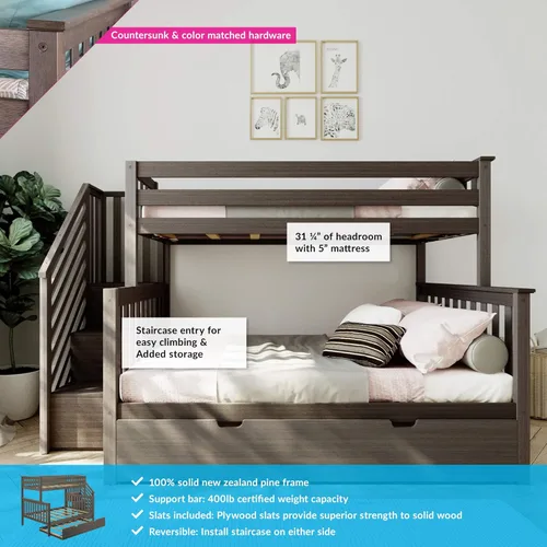 Vista 3 de Max & Lily Litera, marco de cama individual sobre matrimonial para niños con escaleras y nido, arcilla