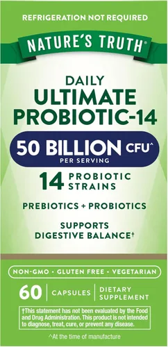 Nature's Truth Probiótico para mujeres y hombres | 50 mil millones de UFC | 14 cepas probióticas | 60 cápsulas | Apto para el estómago | Prebióticos