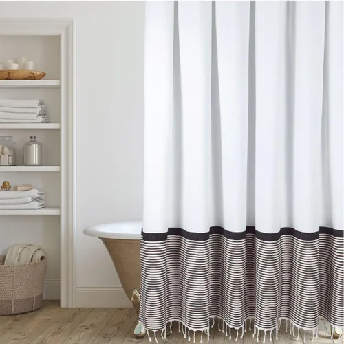 Vista 12 de HALL & PERRY Cortina de ducha moderna con borlas de estilo rústico, cortina de ducha de tela a rayas con borlas 100% algodón para decoración de baño