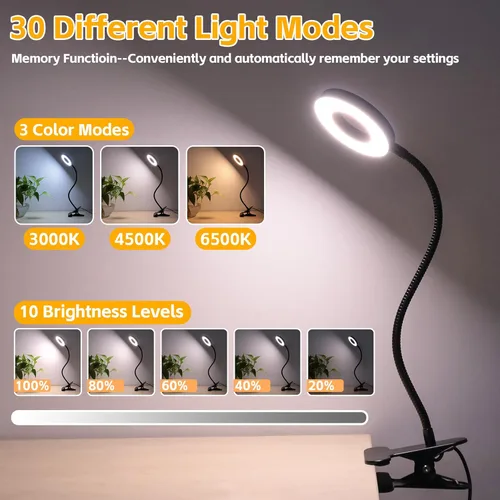 Vista 5 de Foneso Lámpara de escritorio con clip, luz de 48 LED, USB, con 3 modos de color, 10 niveles de brillo, protección ocular, cuello de ganso flexible