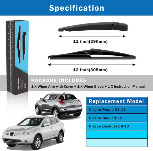 Vista 5 de WTI Rear Wiper Arm Blade Set Compatible With Nissan Rogue 2008-2013 / Qashqai 2008-2013 / Juke 2011-2016 Rear Windshield Window Wiper Kits Assembly