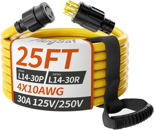 Vista 10 de PlugSaf Cable de extensión para generador de 30 amperios de 10 pies, 4 puntas, NEMA L14-30P/L14-30R calibre 10 STW 125/250 V, cable generador