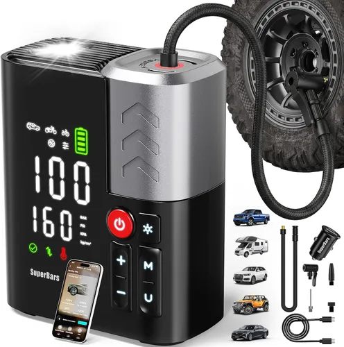 Tire Inflator Portable Air Compressor, SuperBars 3X Faster Air Pump with APP, 160PSI 48LPM Electric Tire Pump with 10400mAh Battery, 45W Faster