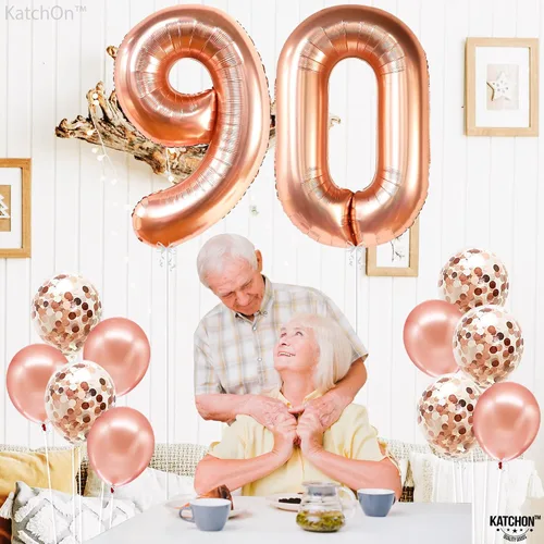Vista 5 de KatchOn, Globos con números 90 de oro rosa - 40 pulgadas Globos de oro rosa para cumpleaños número 90 con confeti para decoraciones de cumpleaños