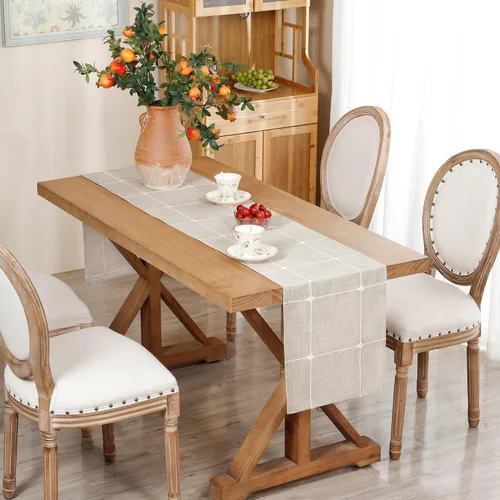 Vista 2 de Camino de mesa de tela bordada, rústico, a cuadros, camino de mesa rectangular a cuadros para comedor, tocador, café, fiesta, decoración de mesa