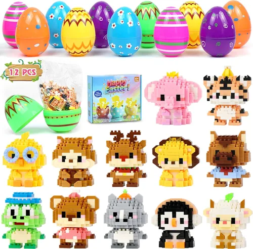 Paquete de 12 rellenos de cesta de Pascua para niños, rellenos de huevos de Pascua con bloque de construcción, huevos de Pascua precargados con