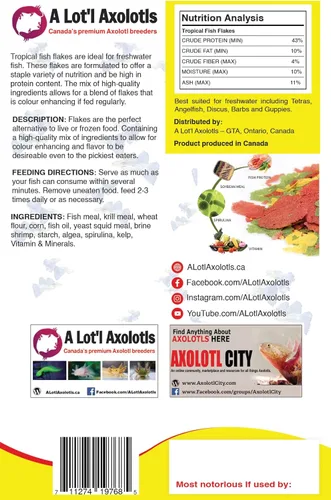 Vista 2 de A Lot'l Axolotls Copos de pescado tropical, mejora del color, alto contenido de proteínas, alimentos básicos, 2 onzas
