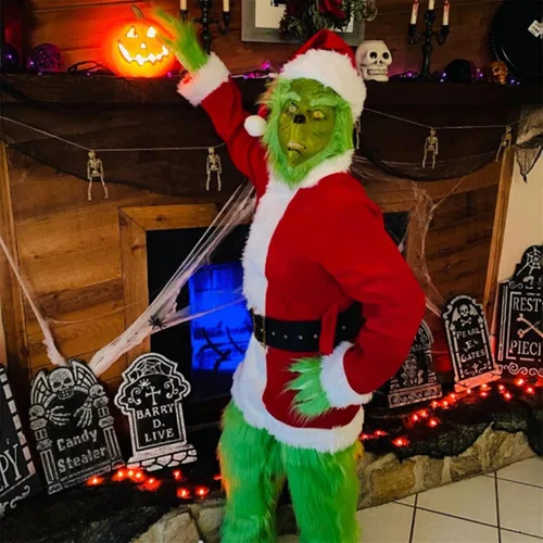 Vista 2 de Greatooly Disfraz feo de monstruo verde de Navidad, 7 piezas con abrigo de Papá Noel, pantalones verdes, cinturón, funda de zapatos, guantes