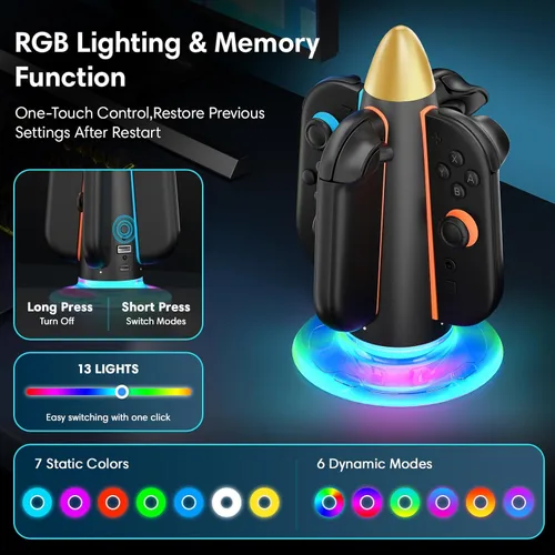 Vista 2 de Saitake Charging Dock for Nintendo Switch 2 Joy Con,Supports Dual-Side Charging,9 Light Modes Magnetic Controller Fast Charger Stand Station