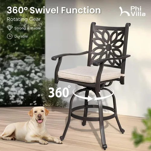 Vista 2 de PHI VILLA Juego de comedor de 7 piezas de barra alta para patio, juego de barra de aluminio fundido para 6 personas con mesa redonda de barra de 54