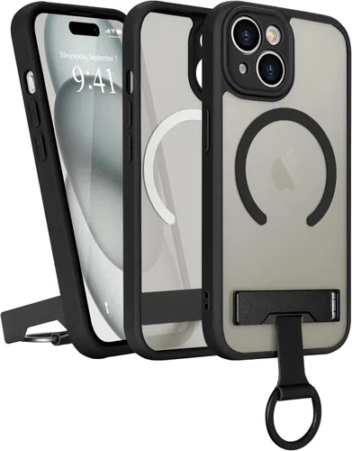 Vista 20 de Funda para iPhone 16 Pro Max, compatible con Magsafe, color negro Funda magnética mate translúcida, agarre de anillo de dedo, soporte ajustable