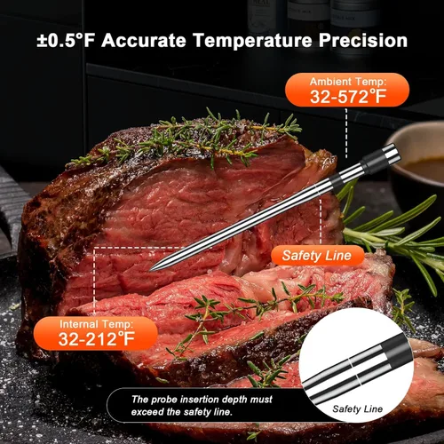 Vista 5 de Termómetro inalámbrico de carne con temporizador inteligente y alertas de APP, termómetro para parrilla de alimentos Bluetooth de 244 m, 4 sondas