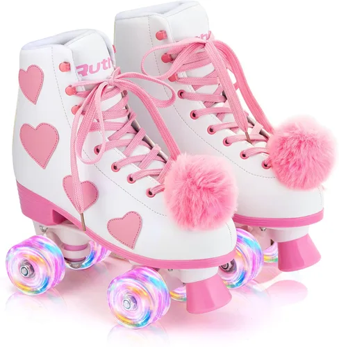 Vista 2 de Ruthfot Patines clásicos para mujeres y niñas con ruedas iluminadas y patrón de corazón de amor, patines de cuero PU de caña alta..