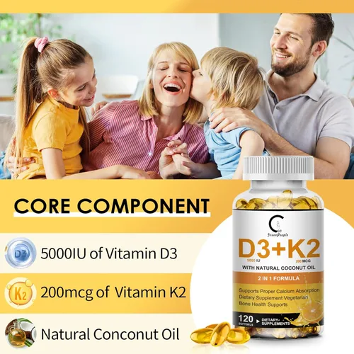 Vista 5 de Suplemento de Vitamina D3 K2 con Vitamina D3 5000 UI, 200 mcg de Vitamina K2 MK-7 y Aceite de Coco Natural, Fórmula 2-1 a Base de Plantas