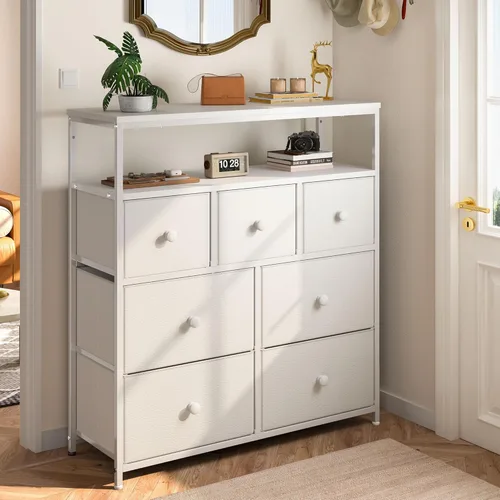 Vista 5 de EnHomee Cómoda para dormitorio con 7 cajones y 2 estantes abiertos, soporte de TV para dormitorio, cómoda blanca para pasillo, entrada, dormitorio