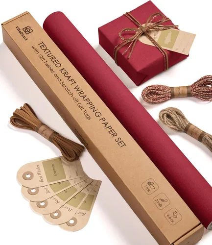 Vitalizart Juego de papel de regalo texturizado de 17 pulgadas, rollo de cintas y etiquetas extragruesas, todo en uno, papel de estraza rojo Juego