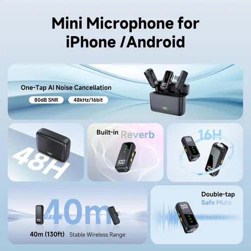 Vista 2 de Micrófono Lavalier inalámbrico 3 en 1 para cámara, iPhone, teléfono Android, mini micrófonos, batería de 130 pies y 16 horas, sistema de micrófono