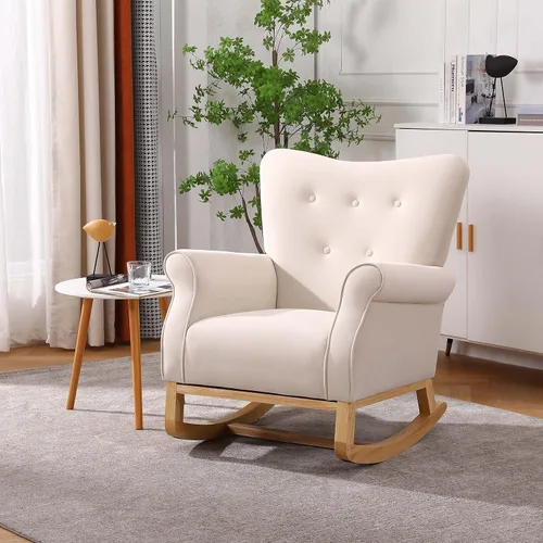 Mecedora moderna, mecedora tapizada, cómoda mecedora con respaldo de ala, base segura de madera maciza para guardería, sala de juegos, dormitorio y