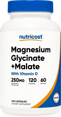 Nutricost Glicinato de magnesio + malato (250 mg) 120 cápsulas – Alta absorción, con vitamina D, vegano, sin gluten, sin OMG, 60 porciones